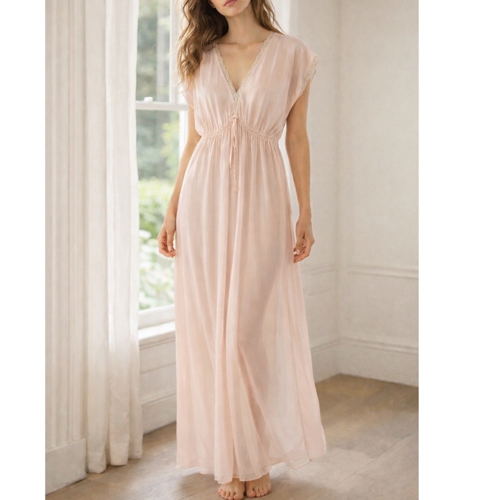 Vintage Semi Sheer Floor Length Coquette Lace Slip Dress Nightgown Boho Small
